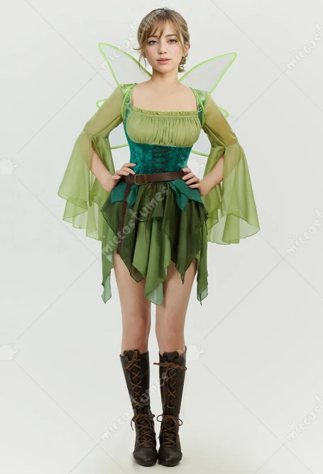 miccostumes Women's Elf Medieval Green Fairy Dress Magical Elf Dress and Belt with Wings Halloween Cosplay Costumes