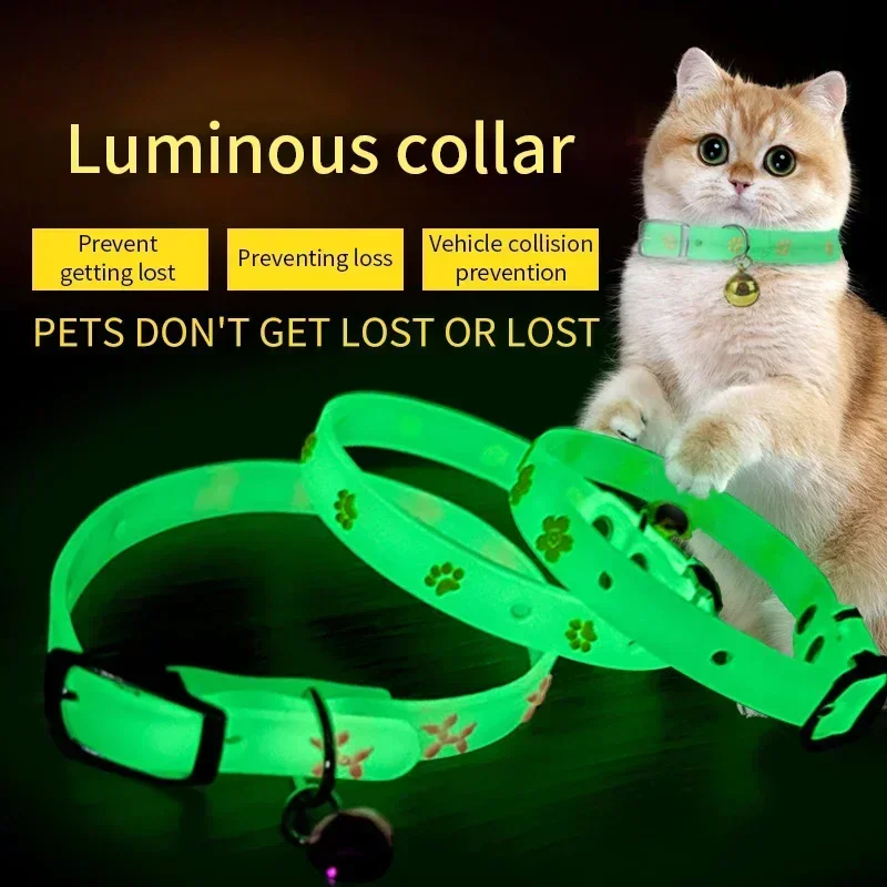 Collar fluorescente de silicona para mascotas para perros, Collar que brilla en la oscuridad con tira reflectante de campana, anillo ajustable para el cuello de gato