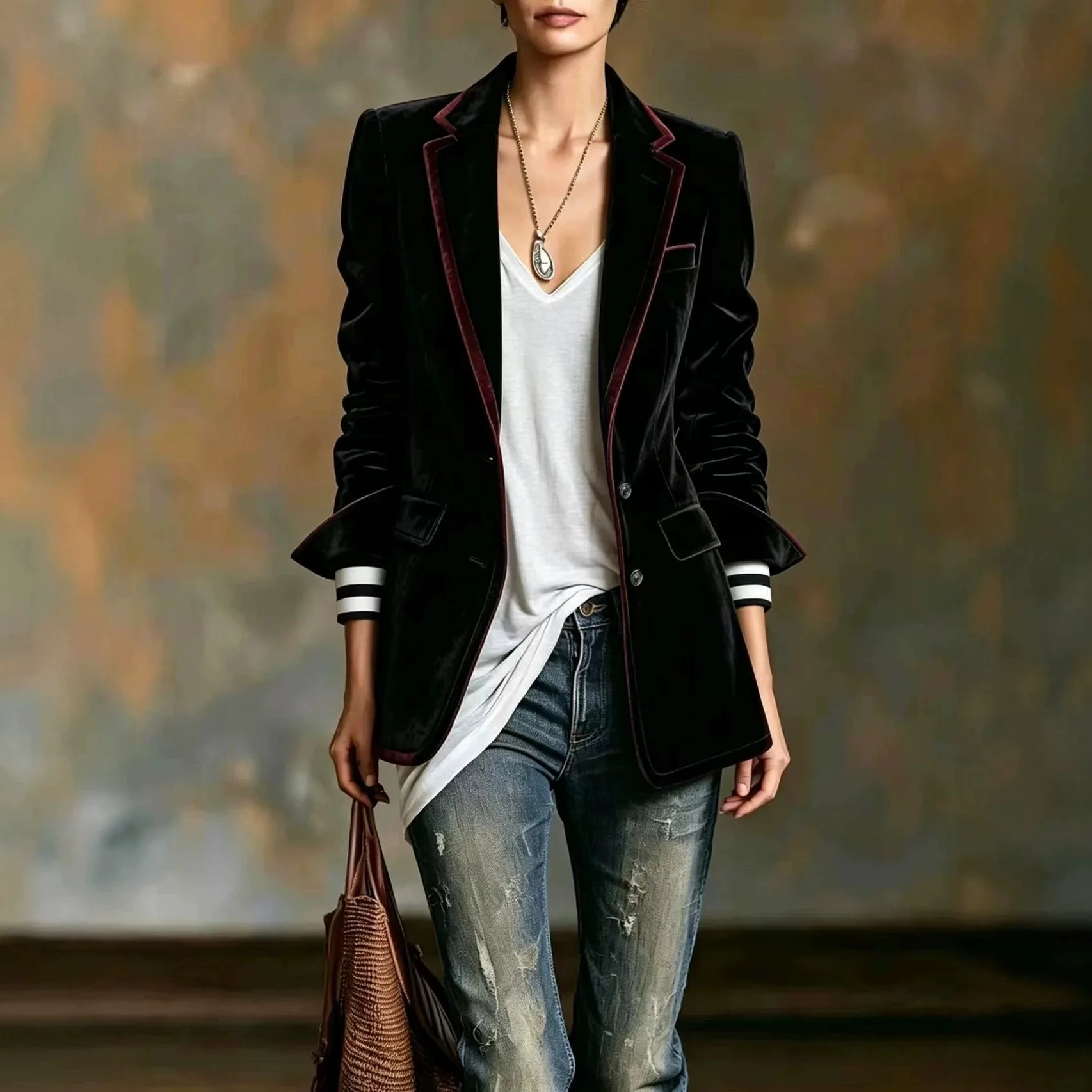 Women Suede Blazer Lapel Contrast Trim Long Sleeve Button Slim Fit Striped Cuff Casual Suit Jacket Vintage Streetwear Outerwears