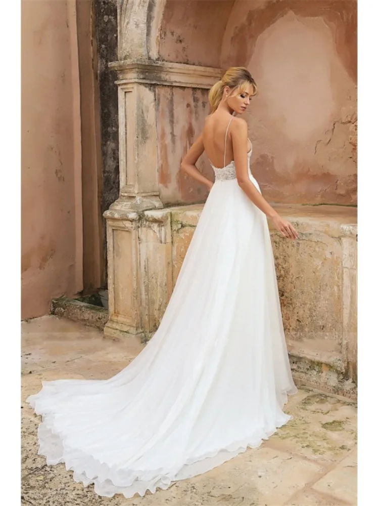 Beach V-Neck Lace Appliques Spagheps Straps Sexy Side Slit Backles A-Line Bridal Gown Sinple Vestido De Noiva