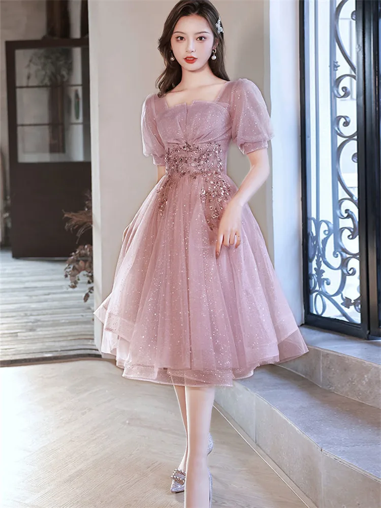 Dress Women Pink Elegant Sequin Square Neck Solid Color Short Sleeve Mid-length A-line Skirt Spring Summer Female Clothing M192