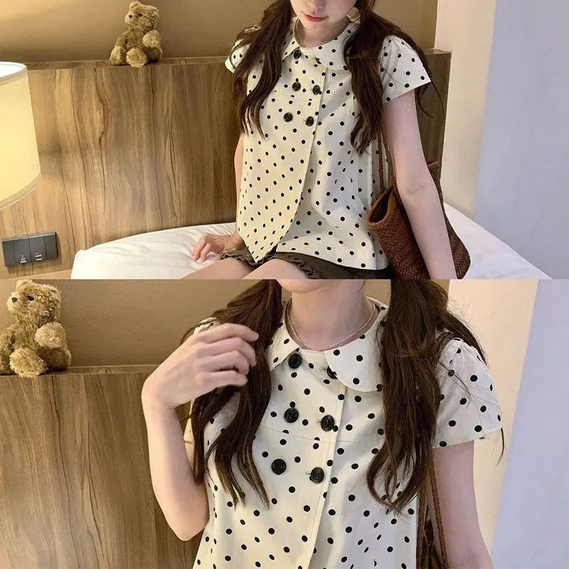 Polka Dot Sweet Peter Pan Collar Loose Blouse Summer New Short Sleeve Female Clothing Basic Fashionable Double Breasted Shirts