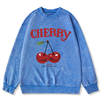 Oversized Women Washed Sweatshirt Cherries Graphic Prints Hoodie Autumn Cotton Crewneck Pullover Female Acid Wash Streetwear