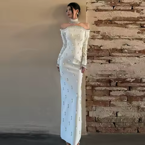 Elegant White Off-Shoulder Long Sleeve Floor-Length Evening Gown Rhinestone Tassel Embellishments Luxury Bodycon Celebrity Dress