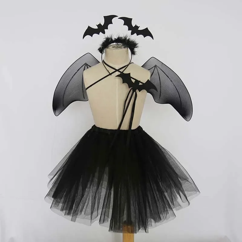 Kinderen meisjes zwarte vleermuis outfit set met vleugels oren hoofdband hoofddeksels toverstokken rok tutu voor kinderen meisjes cosplay halloween kostuum