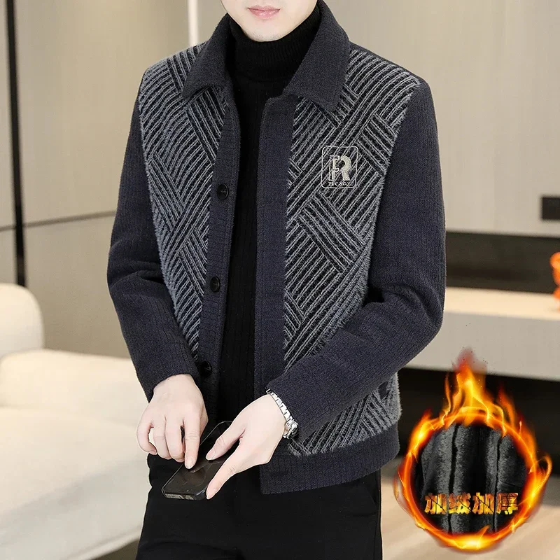 

Winter Striped Woolen Jackets Men Plush and Thickened Trench Coat Fashion Casual Business Streetwear Overcoat Men Clothing