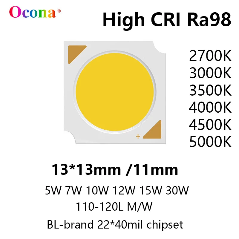 High CRI Ra98 COB LED Chip Array 020 SDCM3 13*13mm 3W 5W 10W 15W 18W 30W Ciepłe białe chipy Lampa punktowa Downlight Akcesoria