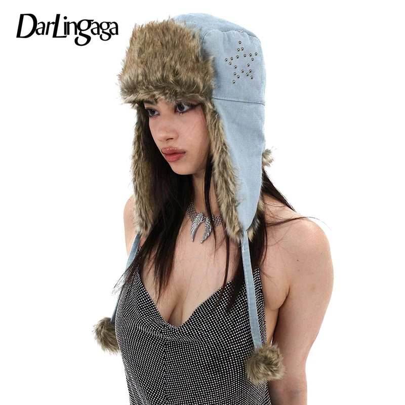 

Darlingaga Streetwear Fashion Fur Hat Furry Warm Autumn Winter Patchwork Earflap Hat Winterize Hairball Rivet Outwear Harakjuku