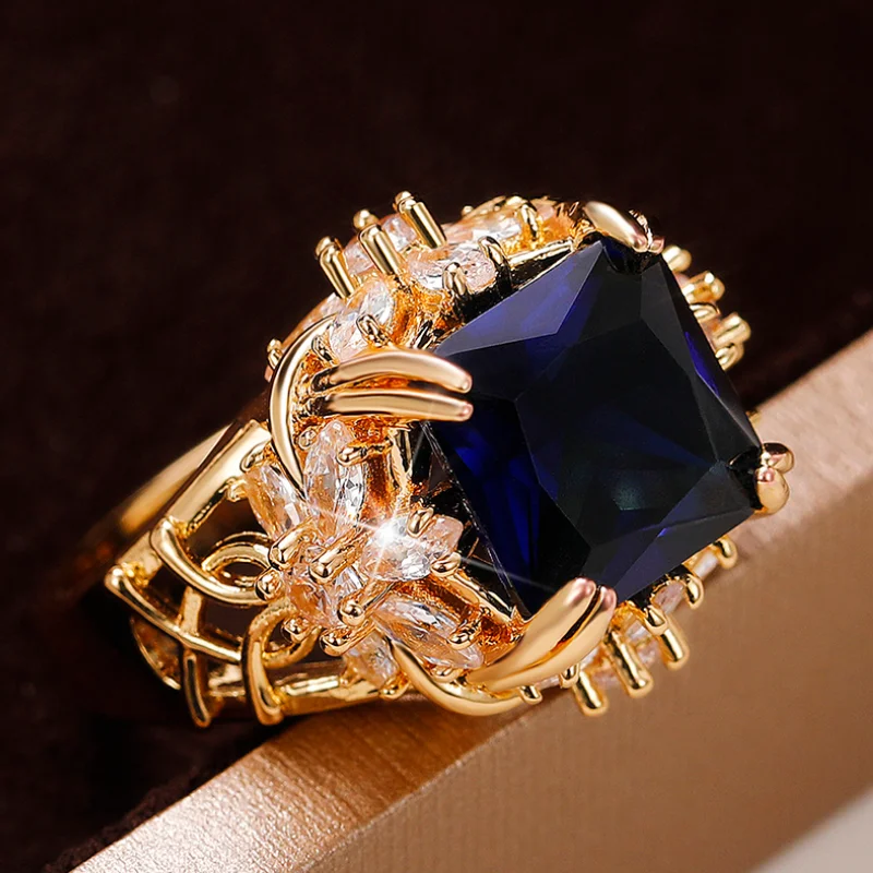 CAOSHI Luxury Female Anniversary Gift Ring Gold Color Blue Crystal Stone Finger Accessories for Party Gorgeous Jewelry for Lady