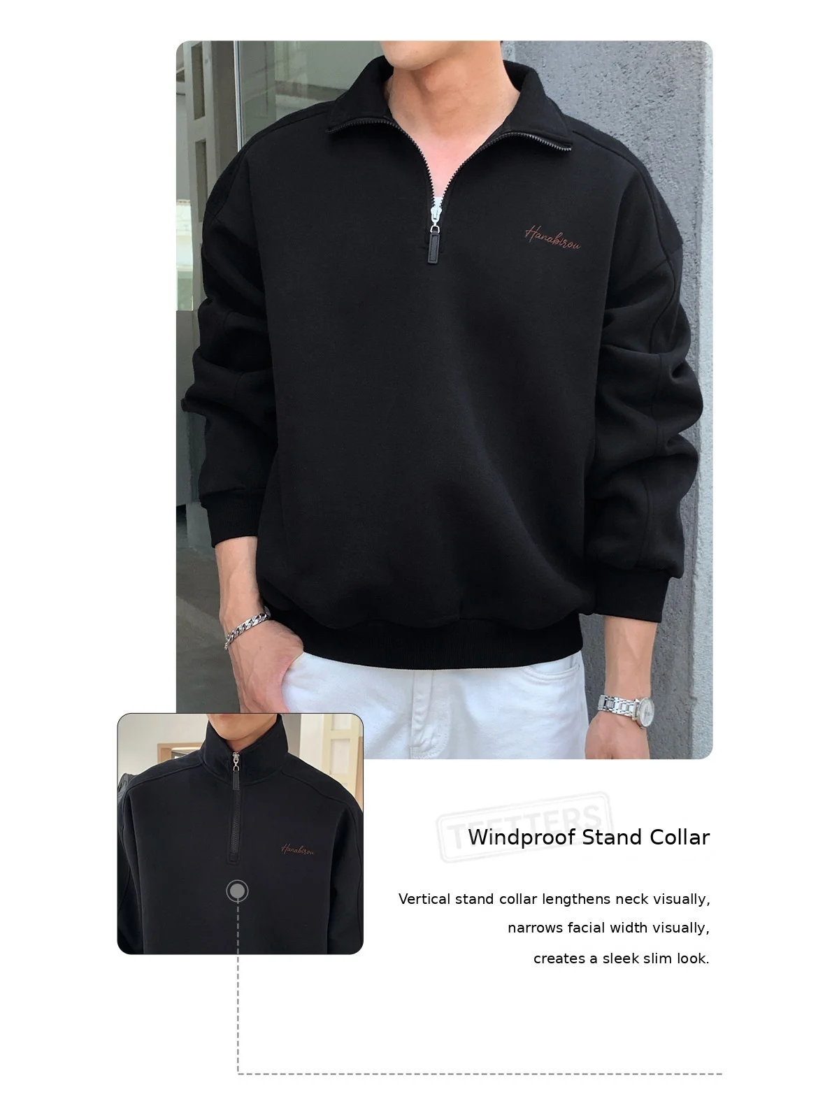 TFETTERS EU Size 2026 Autumn Casual Half Zip Pullover Men Stand Collar Minimal Letter Embroidered Long Sleeve Sweatshirt Man
