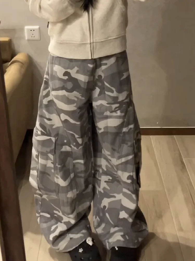 Cool Sweet Spicy Camouflage Workwear Jeans High Waist Loose Slimming Wide Leg Long Pants for Women Autumn Design Casual Denim