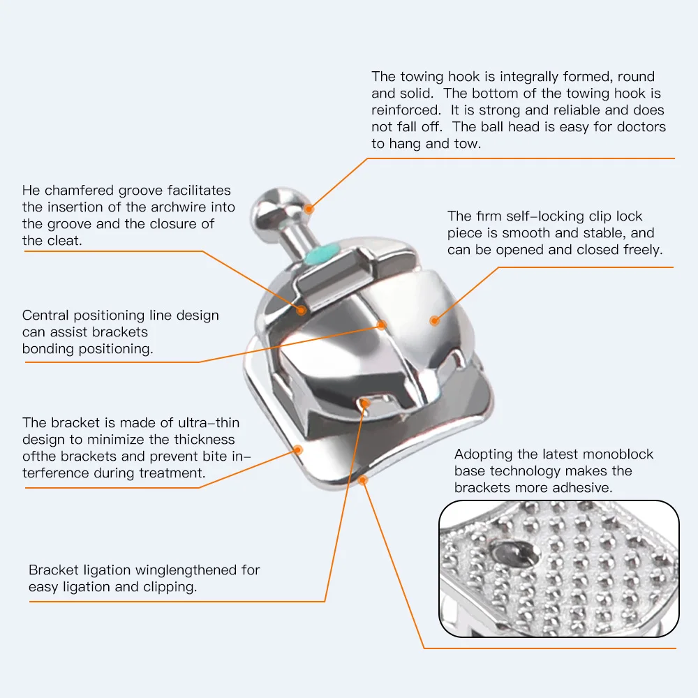 AZDENT Dental Orthodontic Bracket Braces Spherical Monoblock Self-Ligating Brackets ROTH/MBT 0.022 345 Hook With Buccal Tubes