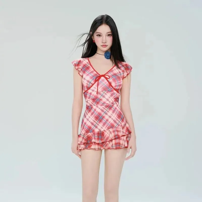 

Женское красное мини-платье в клетку с рюшами, V-образным вырезом, бантом и рукавами-крылышками, А-силуэт, для повседневных вечеринок