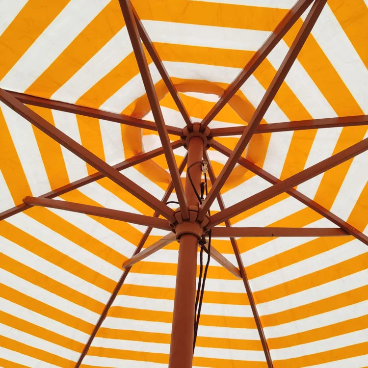 Yellow White Striped Wooden Outdoor Center-Pole Beach Umbrella Polyester Filament Fabric Customizable for Garden/Courtyard Use