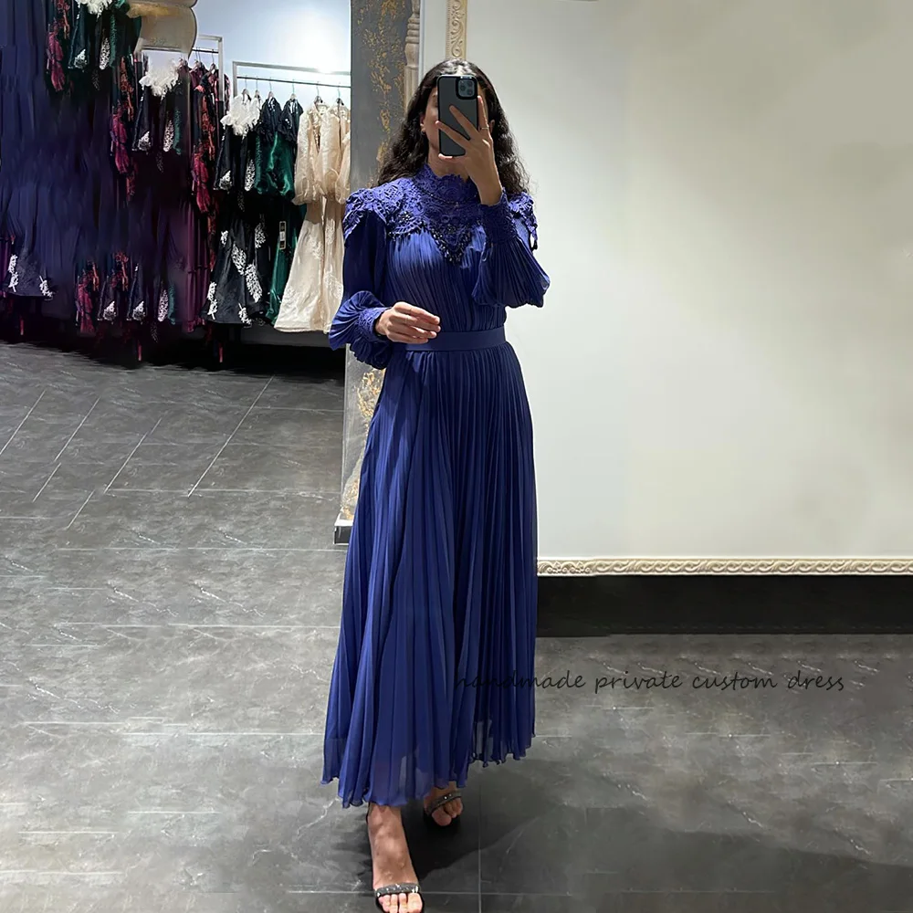 

Blue Long Sleeve Saudi Arabic Evening Dresses Women Outfits Beads Pleats Chiffon High Neck Muslim Wedding Party Gowns Customized