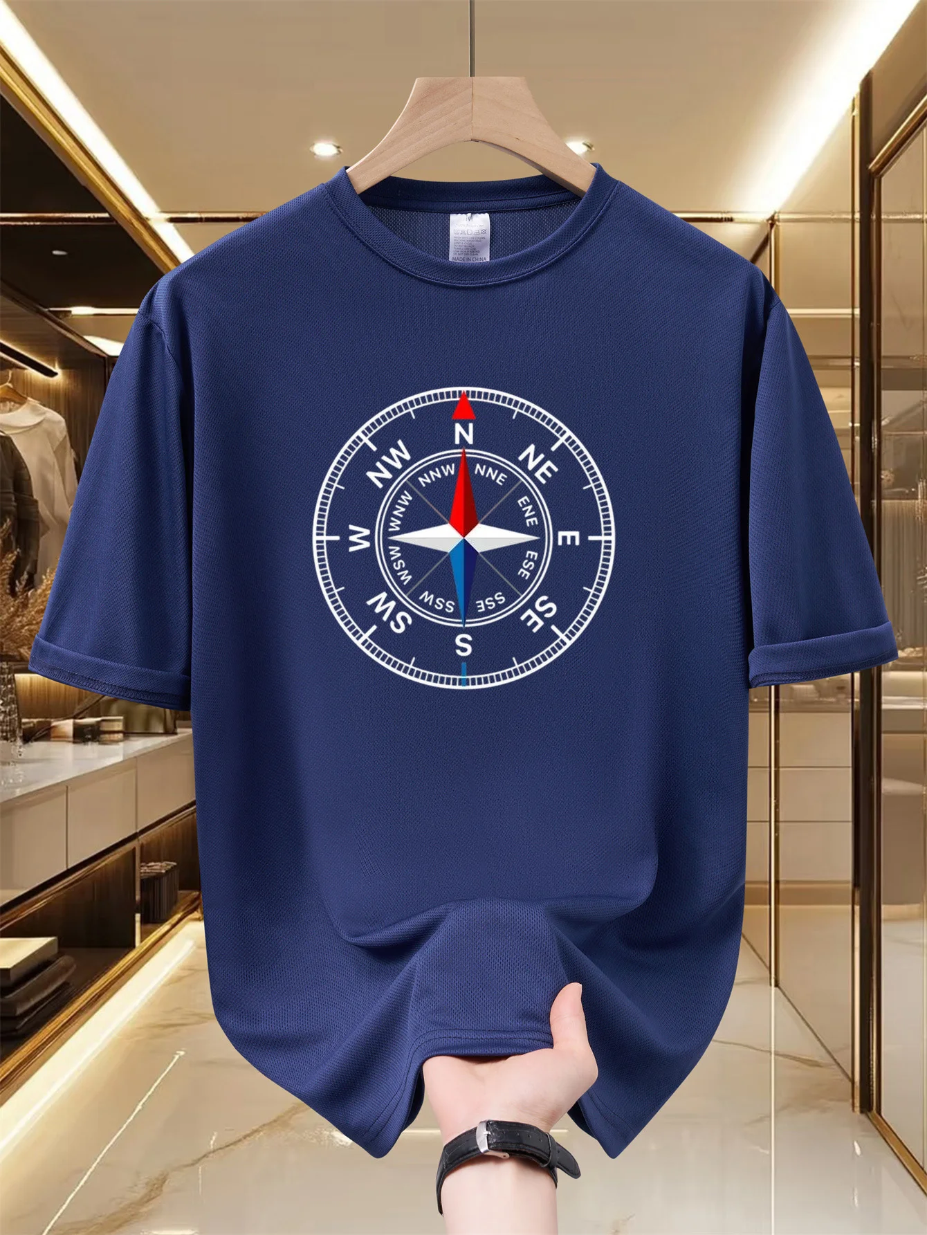Men's Quick Dry T-Shirt Compass Print Breathable Short Sleeve Outdoor Hiking Sailing Sports Tee Summer Casual Top