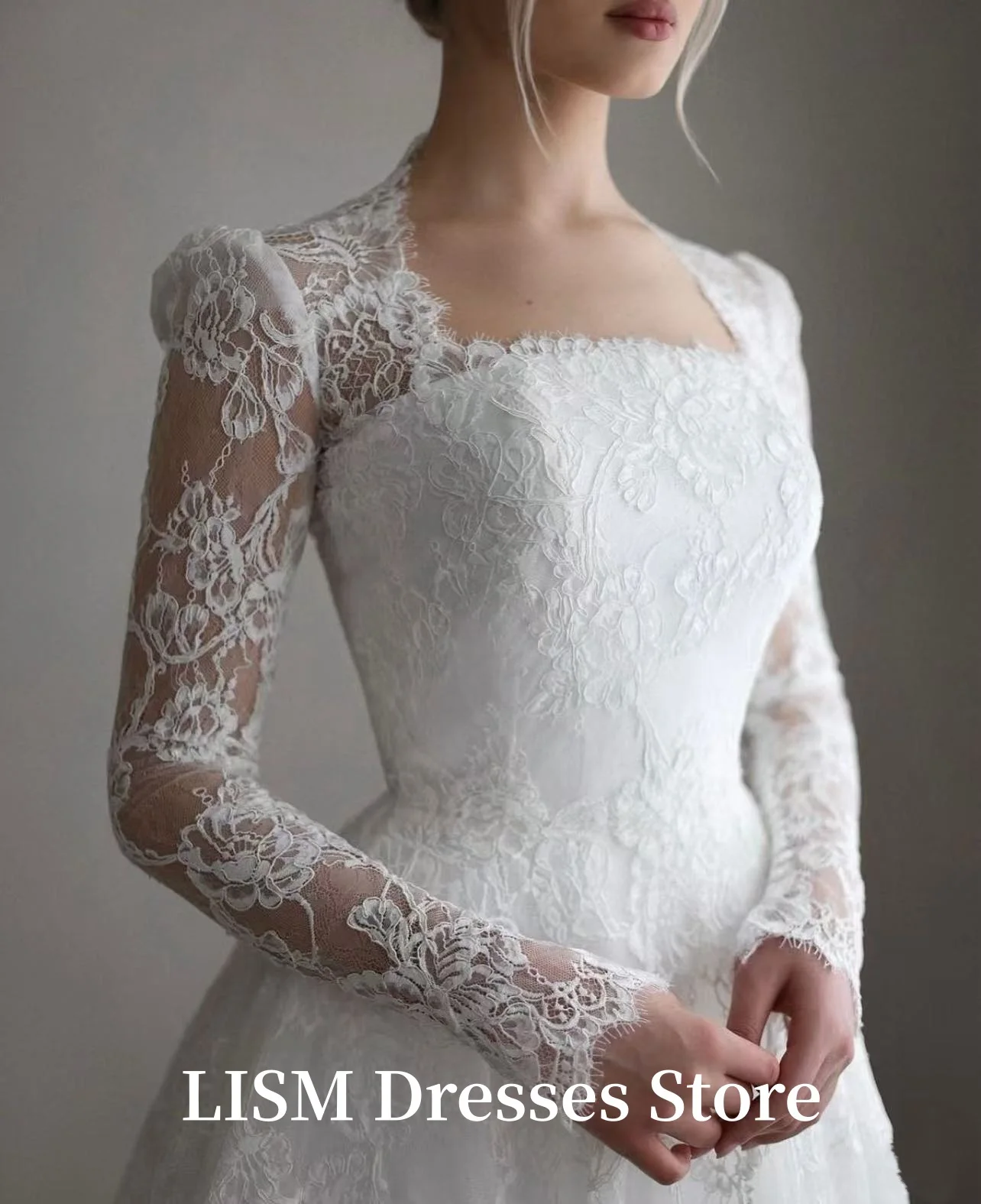 LISM 럭셔리 스퀘어 칼라 실크 레이스 A라인 웨딩 드레스 풀 슬리브 신부 가운 지퍼 백 맞춤형 웨딩 드레스