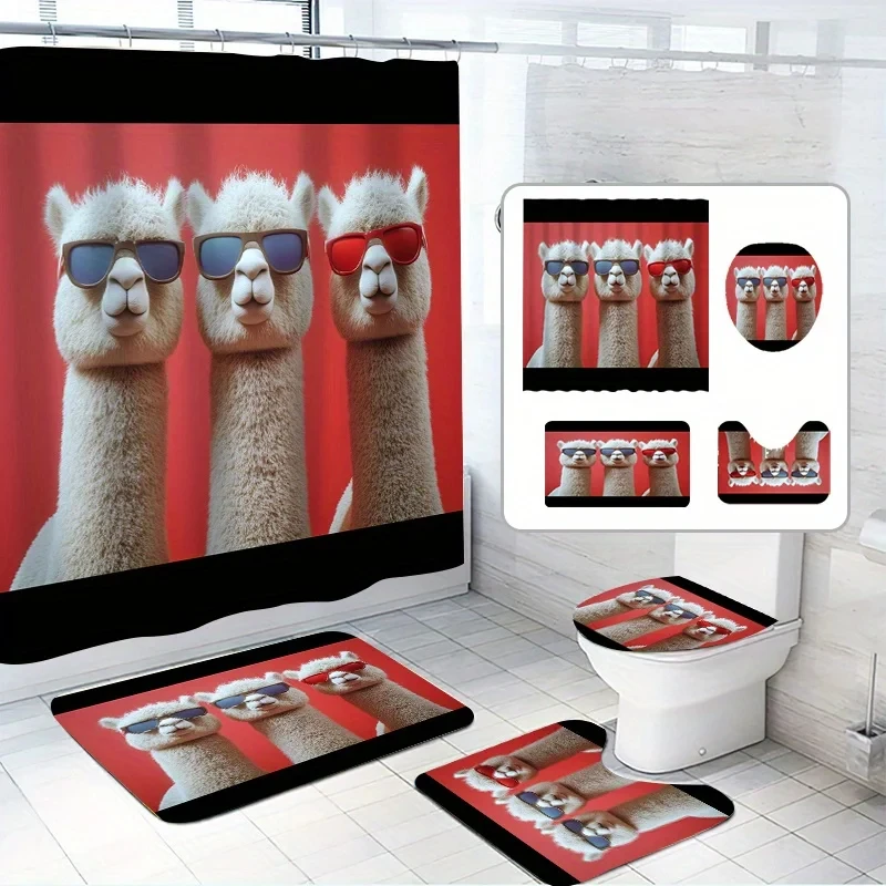 

4pcs, Trendy Alpaca Shower Curtain Set, Featuring Three Alpacas Wearing Glasses, Includes 12 Hooks, Waterproof Polyester Fabri