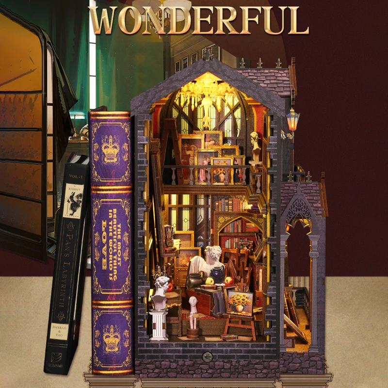 

Diy Book Nook Kit With Warm Light Wooden Bookend Kit 3d Doll House Bookshelf Insert Decor Puzzle Assembly Building Model Gifts