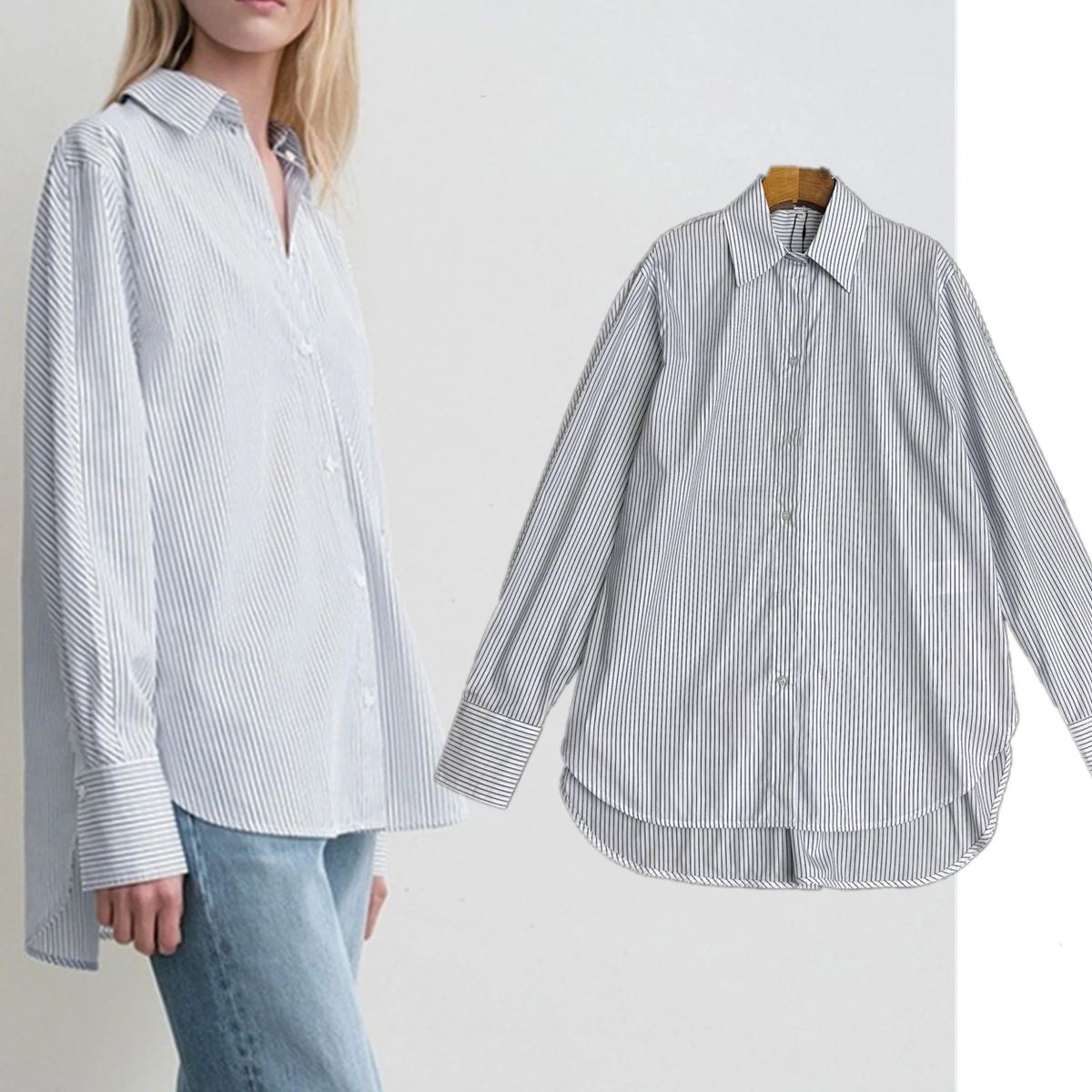 

Jenny&dave Top Quality 70% Cotton+30% Lyocell Striped Shirt Women Tops Minimalist Office Ladies Loose Blouse Women Casual Shirt