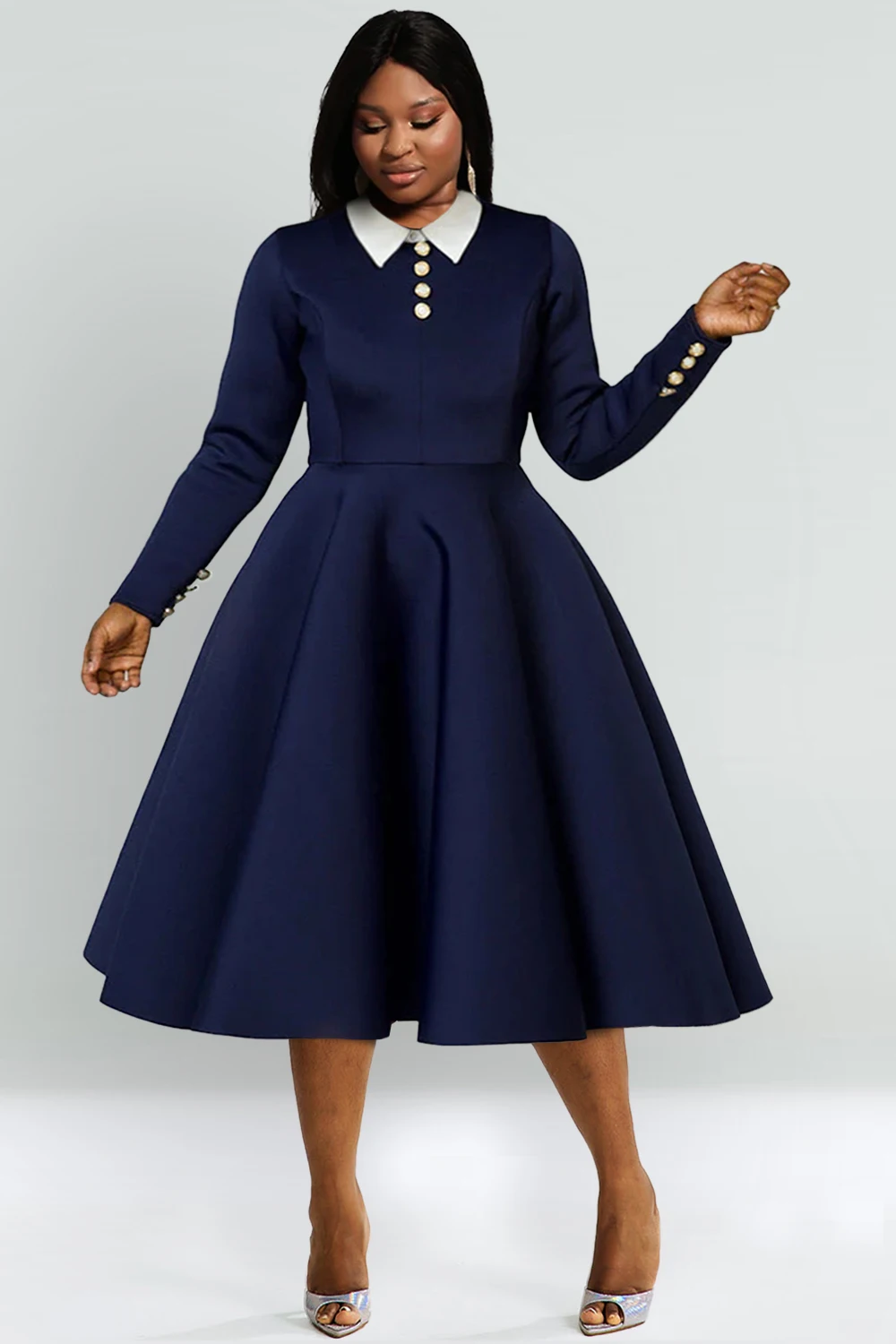 Women\'s Plus Size Pleated A-Line Dress Festival Dress Navy Blue Button Long Sleeve Turn Down Collar Patchwork Casual Midi Dress