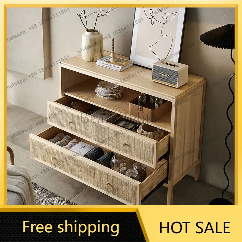 LD Nordic retro drawer chest cabinet solid wood rattan storage side cabinet