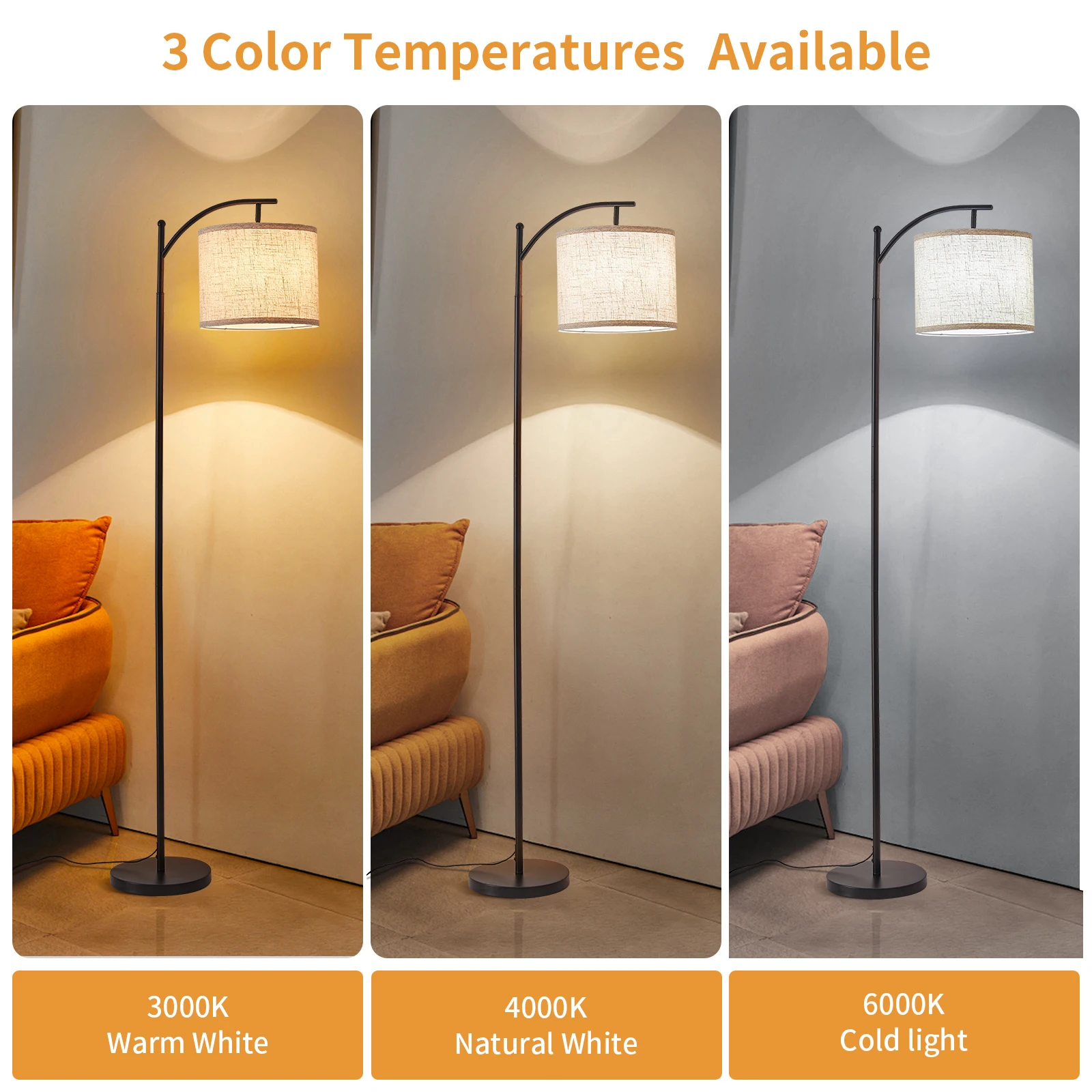 Floor Lamp for Living Room with 3 Color Temperatures Standing Lamp with Linen Lampshade Rotation Adjustment for Bedroom Office