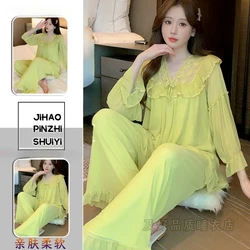 [Explosive] Pajama woman brings chest pad pajama princess style long sleeves and pants Spring/summer pajama sets All-season wear