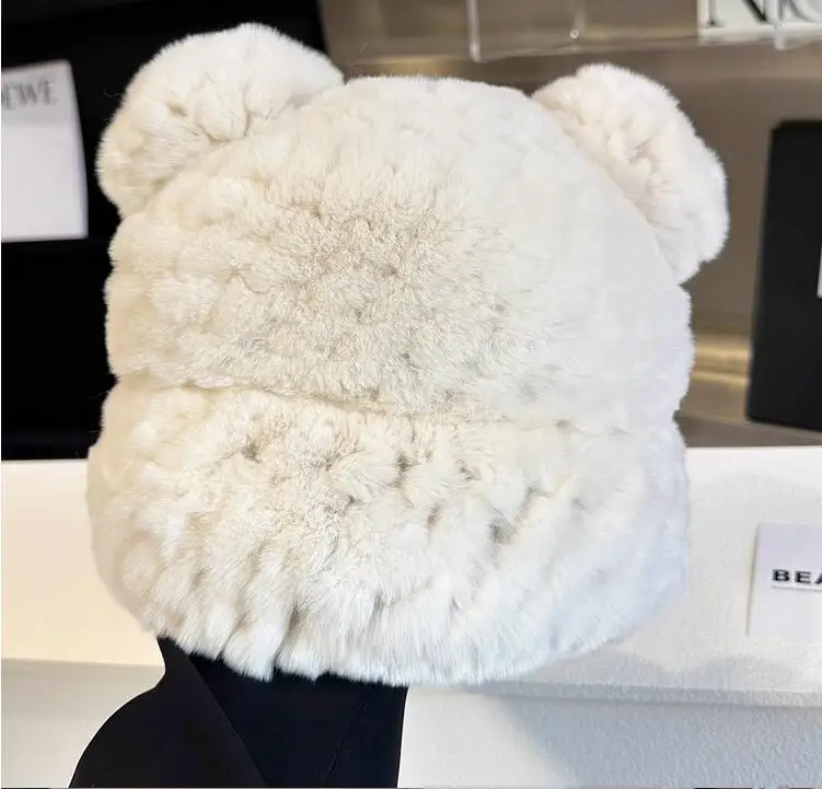 Bear Ears Real Rex Rabbit Fur Hats Winter Women Cute Warm Thickenend Knitted Caps Korean Sweet Headwear Ear Protection