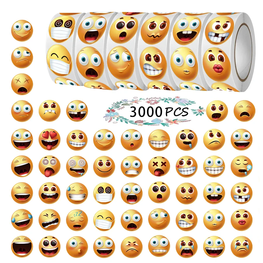 3000 Pcs Round Happy Face Expression Stickers, 0.67 Inch Diameter, Paper, Self-Adhesive, Reusable, for Sealing, Holiday Decor.