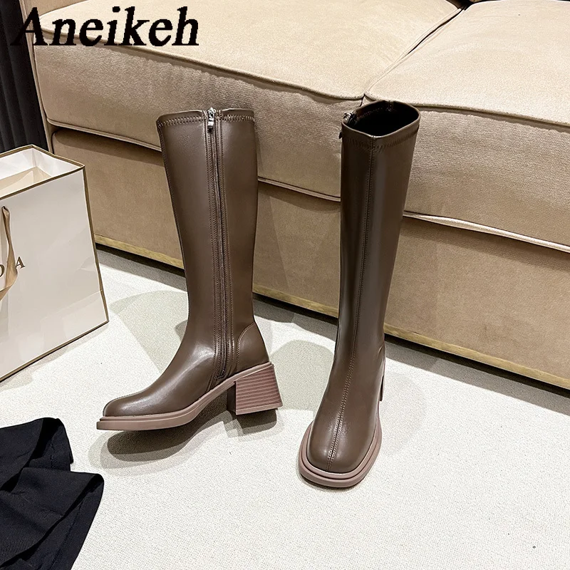 Aneikeh Fashion High Heeled Thick Soled Brown Long Tube Boots for Women Retro 2024 Autumn Winter New High Tube Knee High Knight