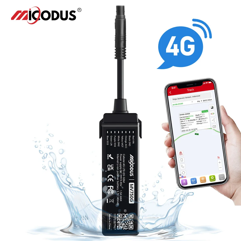 Мини GPS трекер MV750G 4G с отключением двигателя водонепроницаемый IP67 для автомобилей и мотоциклов с защитой от глушения сигнала и мониторингом онлайн