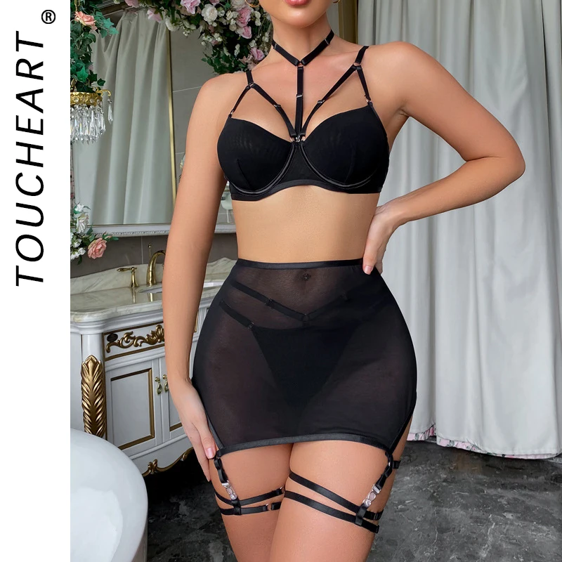 Toucheart Trendy Lingerie 4 Pieces Set Exotic Sexy Bra Eroctic Garter Underwear Set Women's Mesh See-through Luxury Underwear