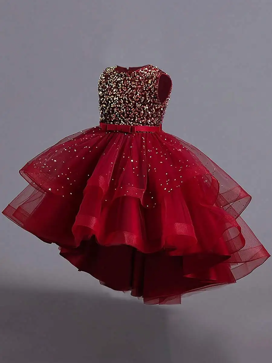 

Sleeveless Round Neck Sequined Tulle High Low Puffy Evening Dress