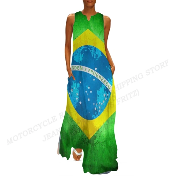 Brazil Flag Dress Women Fashion V-neck Long Dress Party Evening Casual Brasil Women Dresses Elegant Boho Maxi Vestido Beach Robe