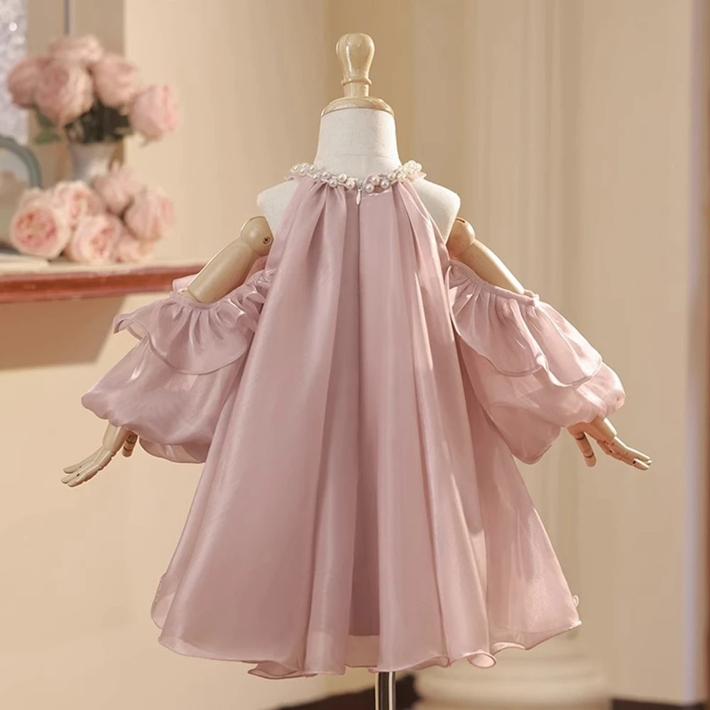 1-7T Girl Sweet Pink Puff Flower Girl Summer Gown halter Collar Off Shoulder Ruffles Lantern Sleeve Children A-line Vestido