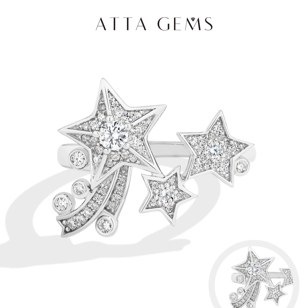 ATTAGEMS Light Luxury All Moissanite Star Rings 925 Sterling Silver for Women Unique Design With Lucky Genuine Fine Jewelry Gift