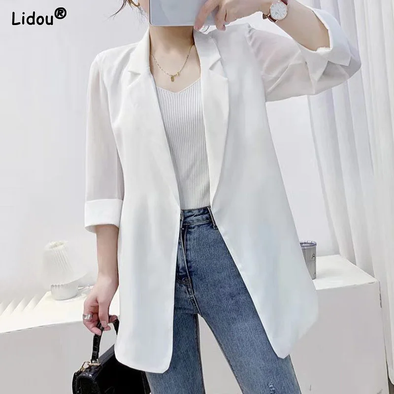 Einfarbig Einfachheit Lose Drei Viertel Sleeve Kerb Elegante Blazer Casual 2023 frauen Kleidung Frühling Sommer Dünne Tops