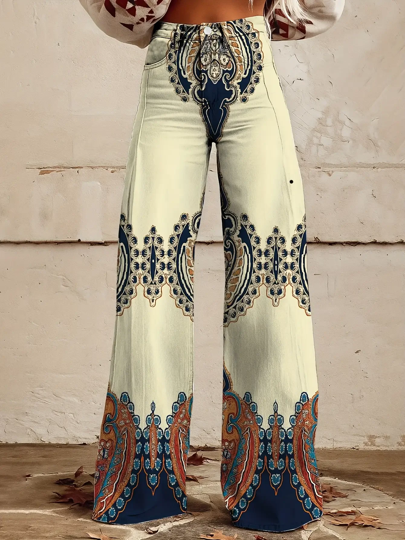 Women's printed exquisite pattern wide leg imitation jeans, lightweight casual pants, Ladies tie dye wide leg flared jeans