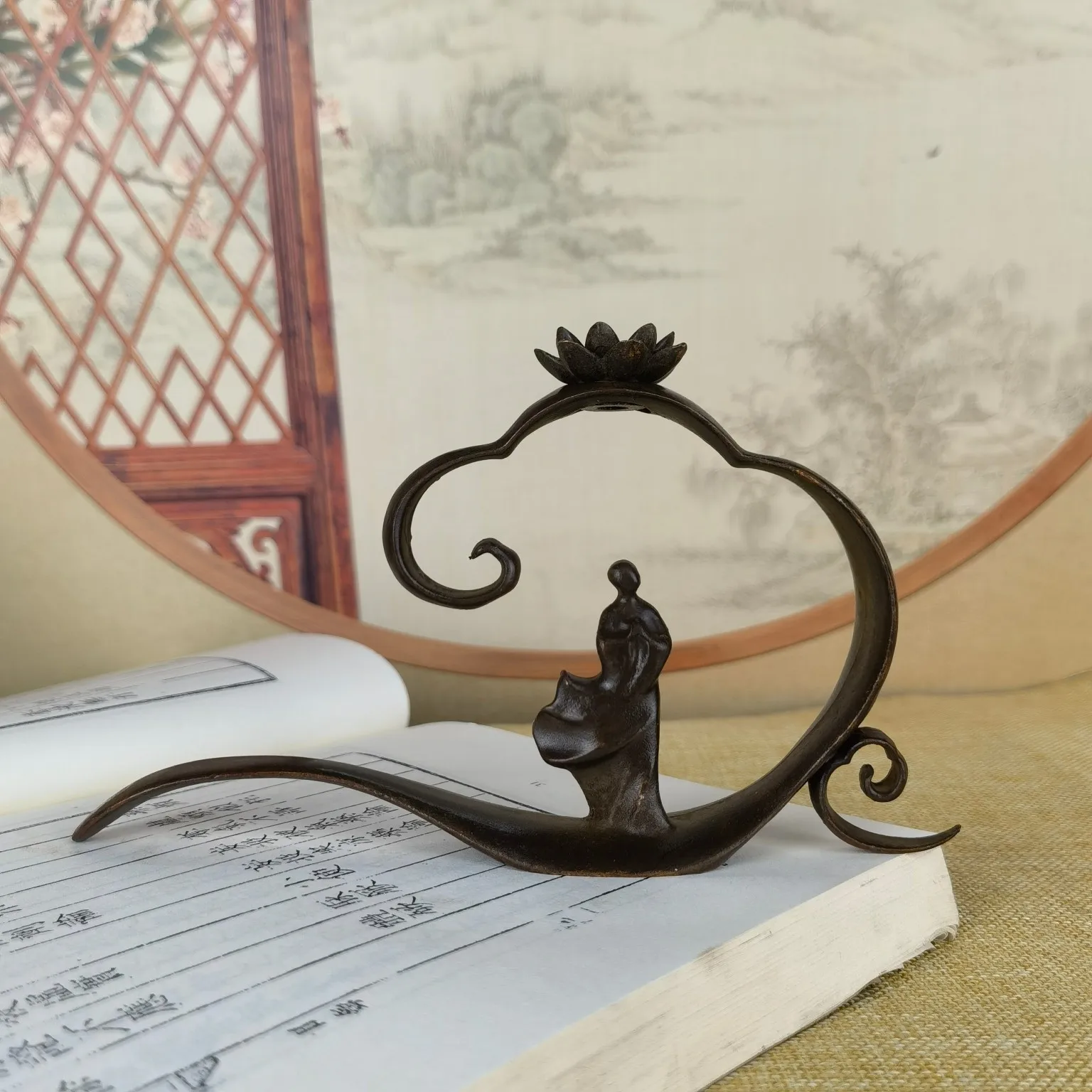 

Sculpture made of old copper and old pulp Zen backflow incense ornament retro lotus tower incense auspicious cloud study