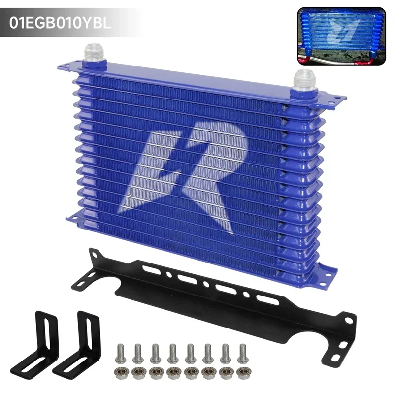 LINESRACING Universal AN10 15Row Aluminum Oil cooler Black/Blue + Mounting Bracket Kit Transmission Trust Type 262mm