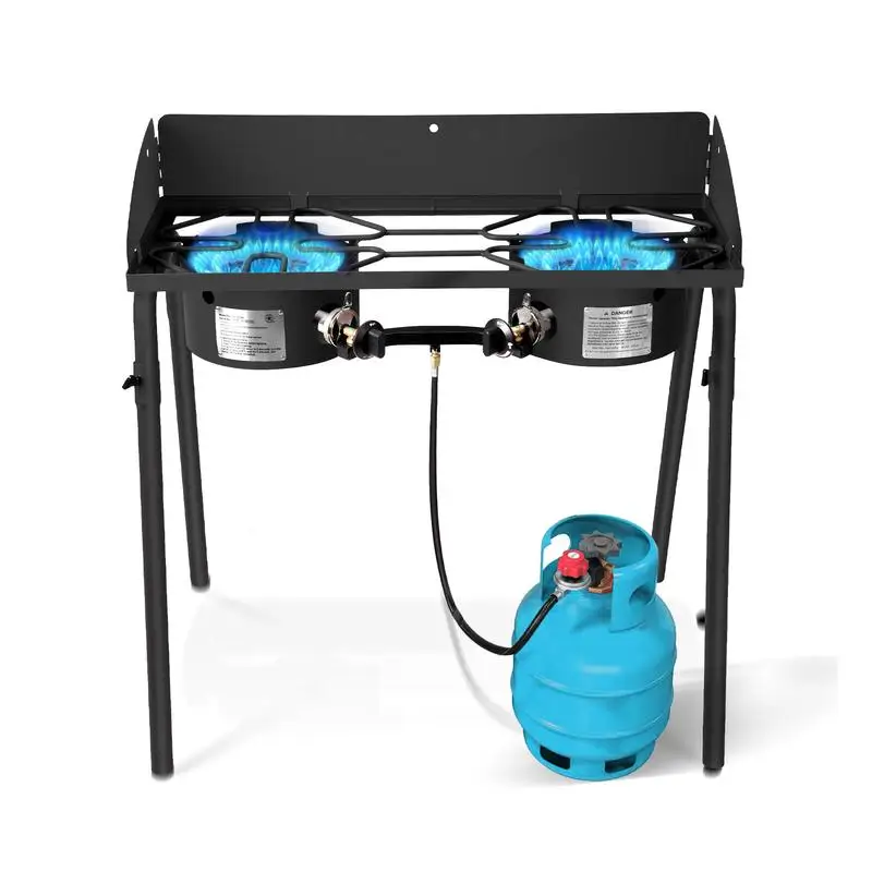

Portable Two Burner Outdoor Camping Propane Stove with Removable Legs, Carrying Bag, and Windshield for Cooking, CSA Certified,