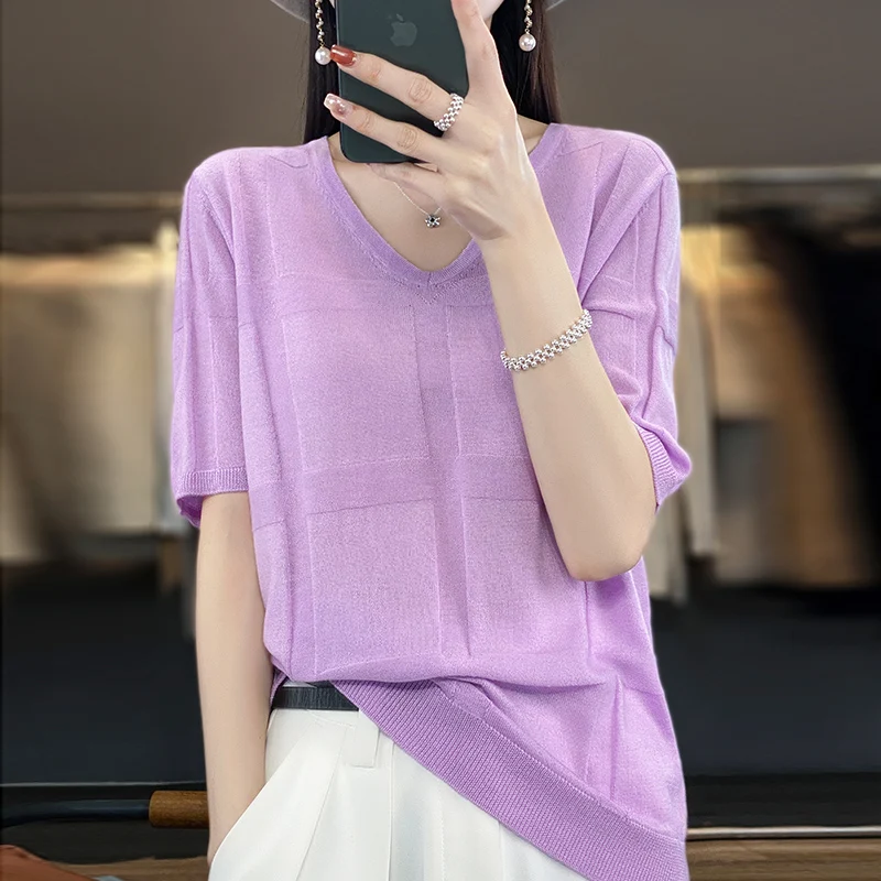 

Worsted Wool Knitted Short Sleeve T-Shirt Women's V-Neck Loose Thin Vest Jacquard Solid Color Tops Summer Half Sleeve Base Shirt