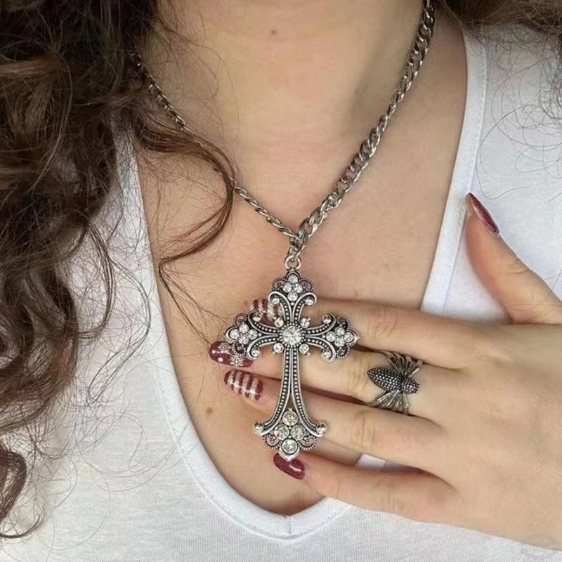 Large Detailed Cross Drill Pendant Necklace Silver Color Tone Gothic Punk Jewellery Fashion Charm Statement Women Girls Gift