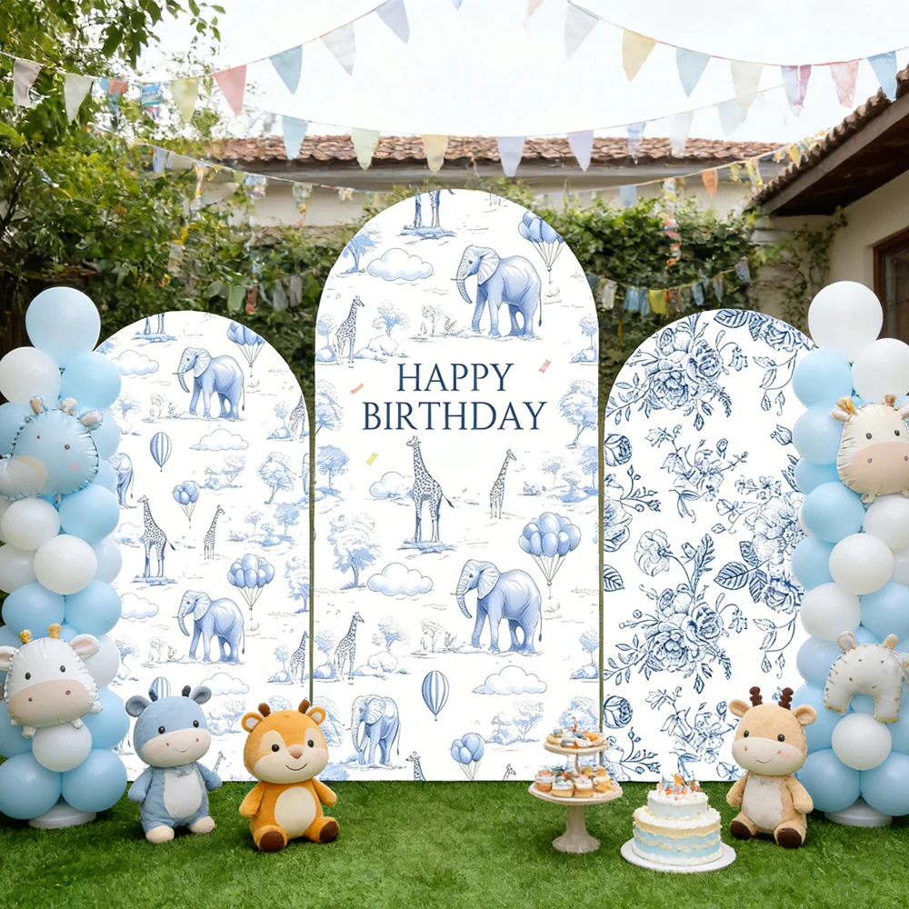 Jungle Animals Safari Arch Backdrop Cover Blue Baby Shower Kids Birthday Decoration Stretchable Elastic Fabric Printed One-sided