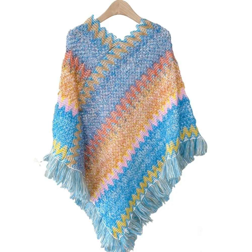 

Вязаная шаль в этническом стиле, большой вязаный палантин в стиле бохо, теплая накидка с бахромой для осени и зимы