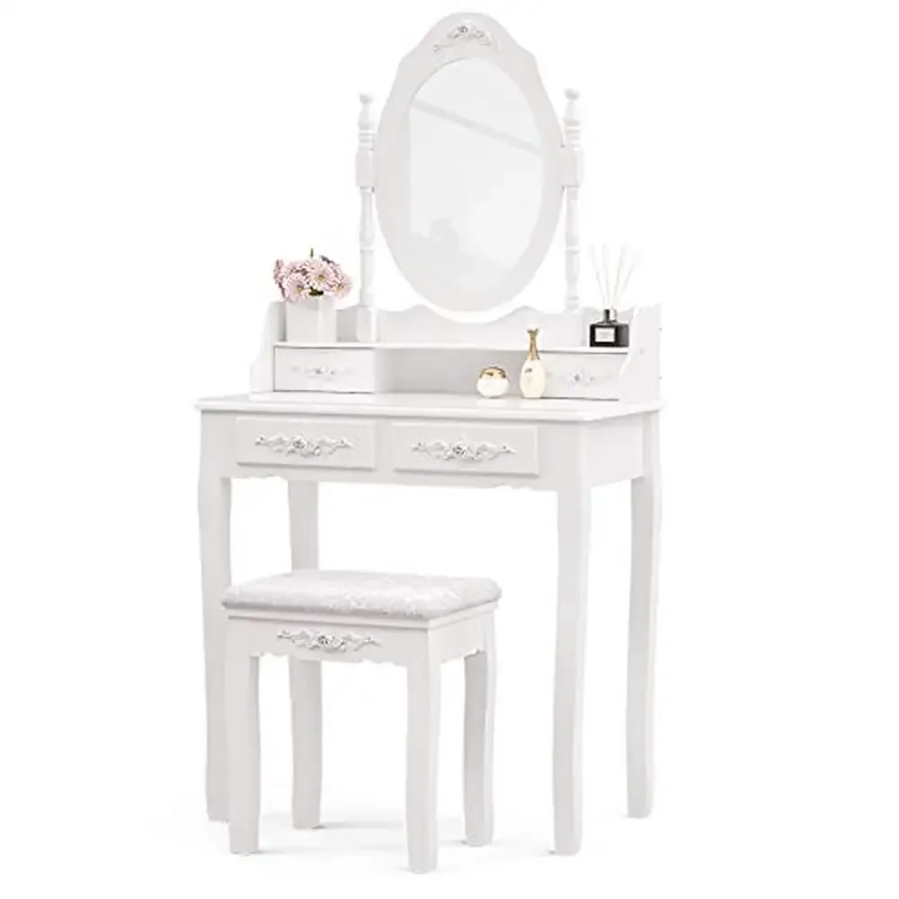 Wooden Vanity Table Oval Mirror Stool Dressing Table 4 Drawers White