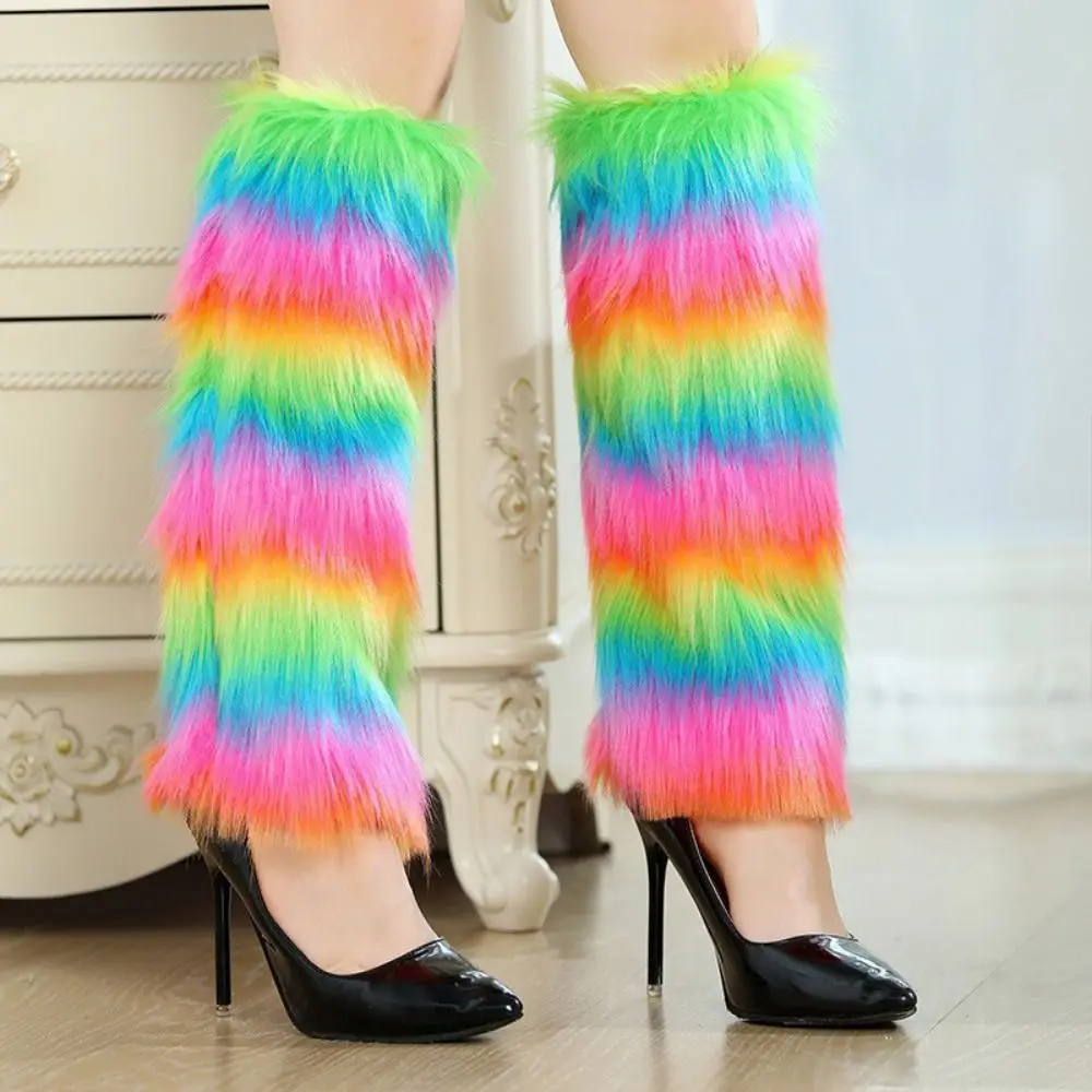 Soft Fluffy Faux Fur Leg Warmers Solid Color Thick Warm Knee Sleeve Elastic Colorful Knee High Boots Cover Cosplay Accessory