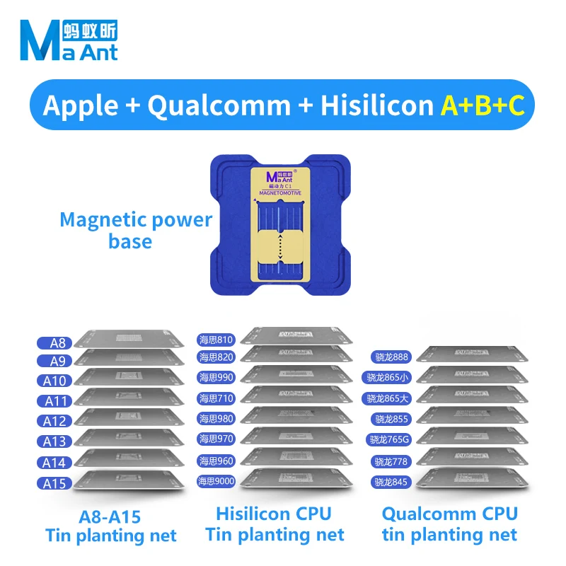 MaAnt CPU Reballing 키트 플랫폼 For iPhone A8 A9 A10 A11 A12 -A15 Hisilicon Qualcomm Phone SoC 모든 스텐실 Reballing Magne