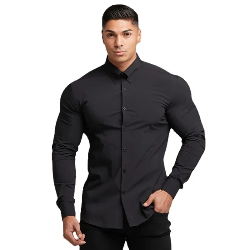 Spring Autumn Fashion Full Sleeve Shirt Men Solid Casual Slim Fit Social Business Dress Shirt Mens Gym Fitness Sports Clothing